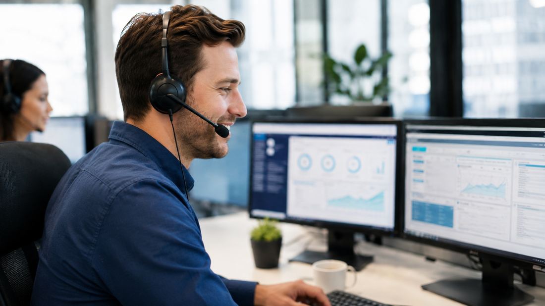 A sales agent on a call with a customer